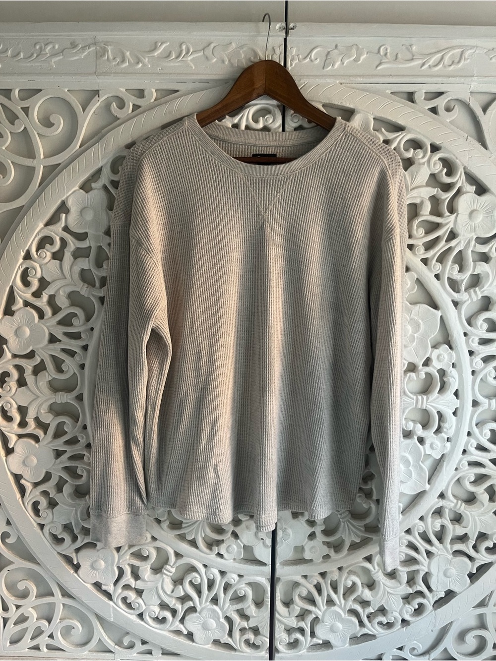 Roots Organic Cotton Waffle Knit Crewneck Long Sleeve Top Heather Oatmeal L